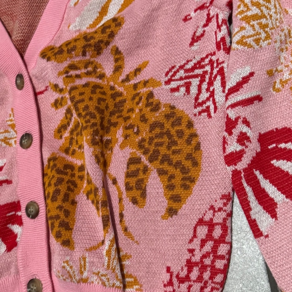 FARM Rio Cardigan Womens L Pink NWT Lobster Leopard Tropical Puff Sleeve Cropped - Picture 7 of 9
